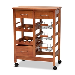 Baxton Studio Crayton Modern and Contemporary Oak Brown Finished Wood and Silver-Tone Metal Mobile Kitchen Storage Cart